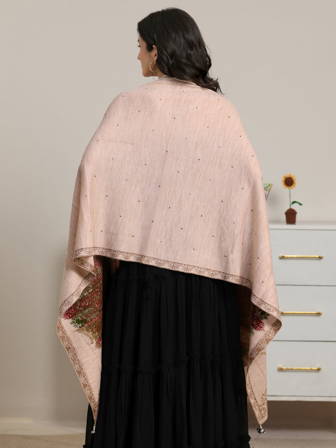 Mameraa Beige Floral Knitted Acrylic Wrap Shawl