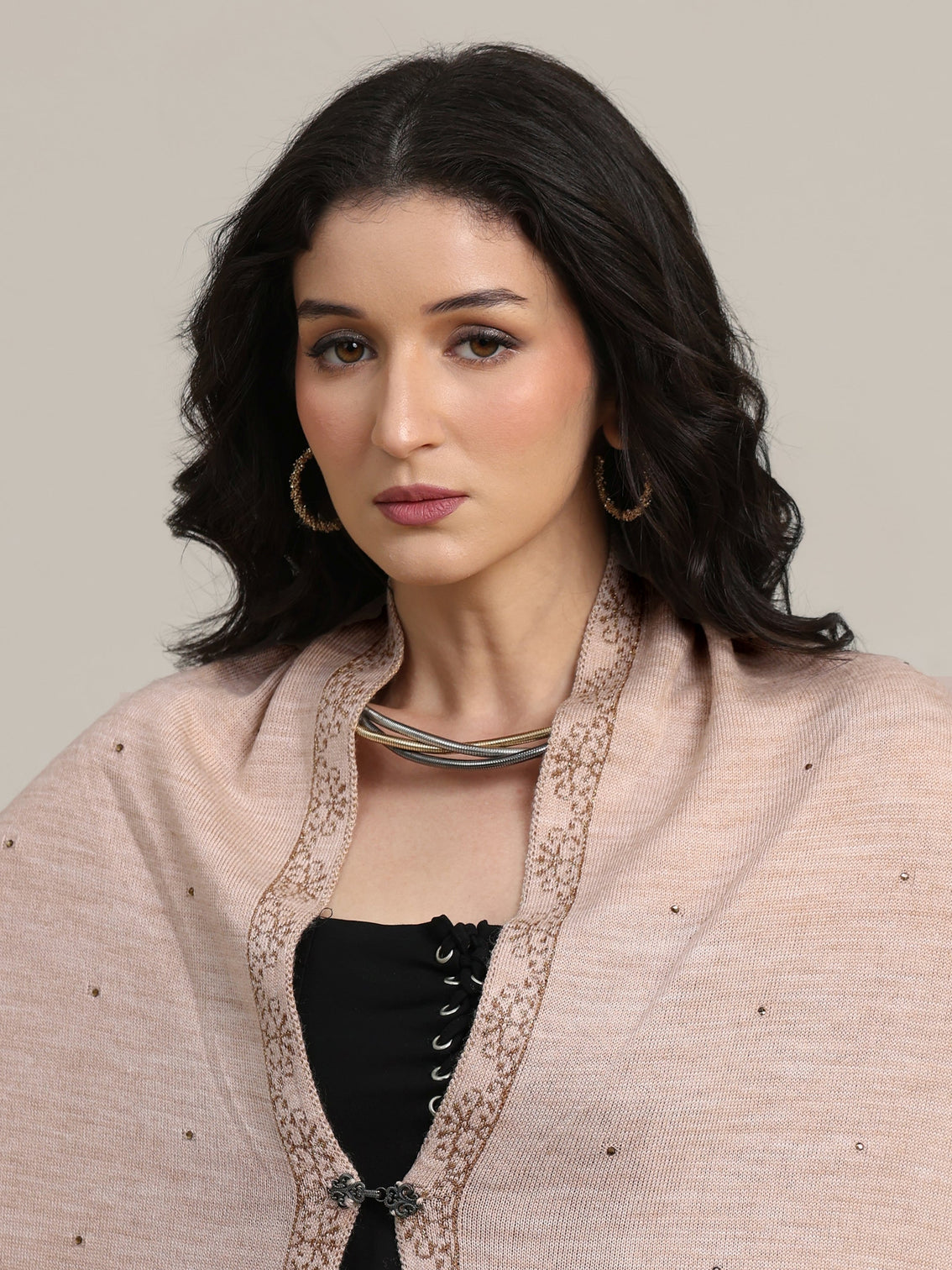 Mameraa Beige Floral Knitted Acrylic Wrap Shawl