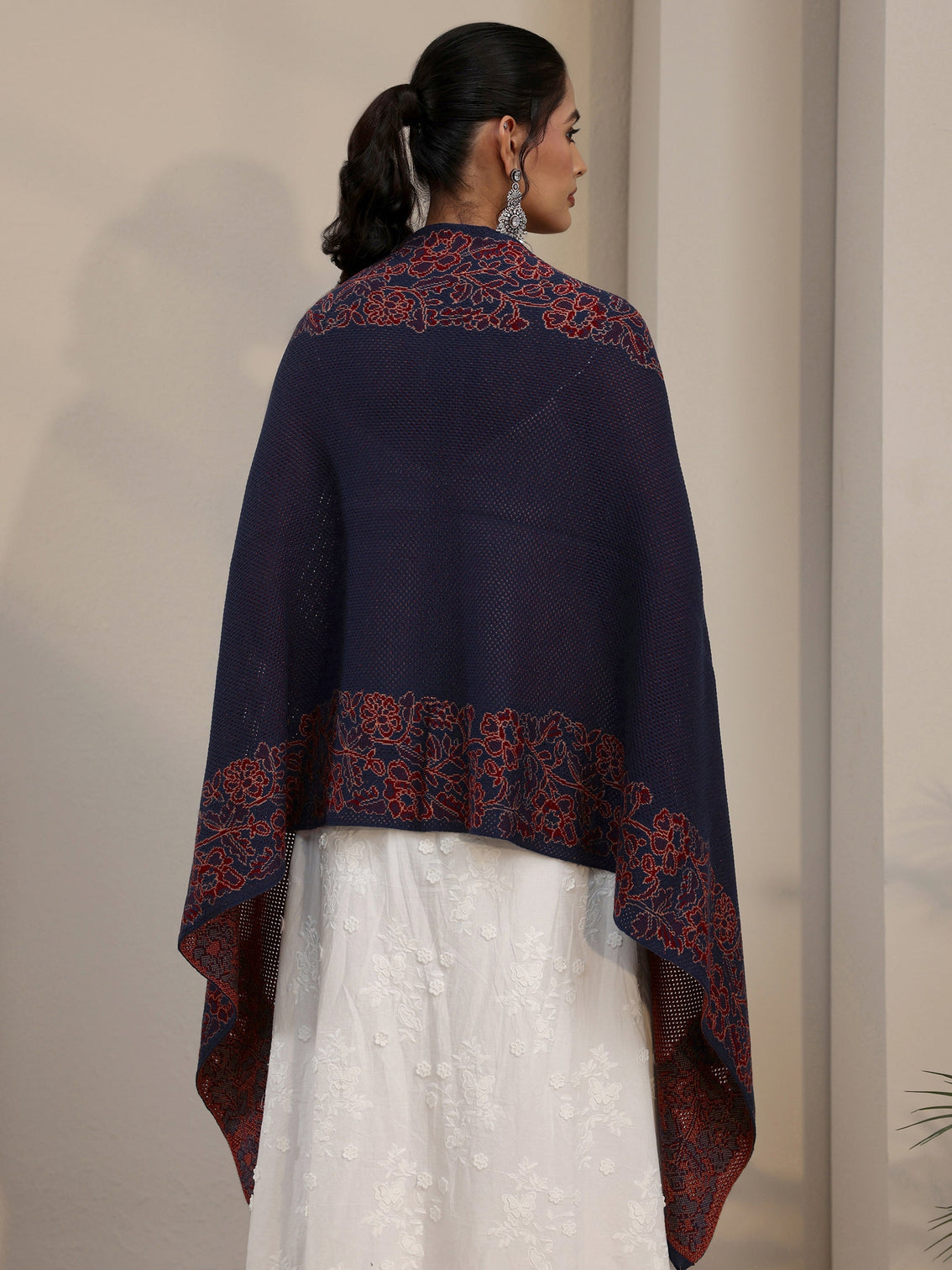 Mameraa Navy Blue Floral Mesh Knitted Acrylic Wrap Shawl