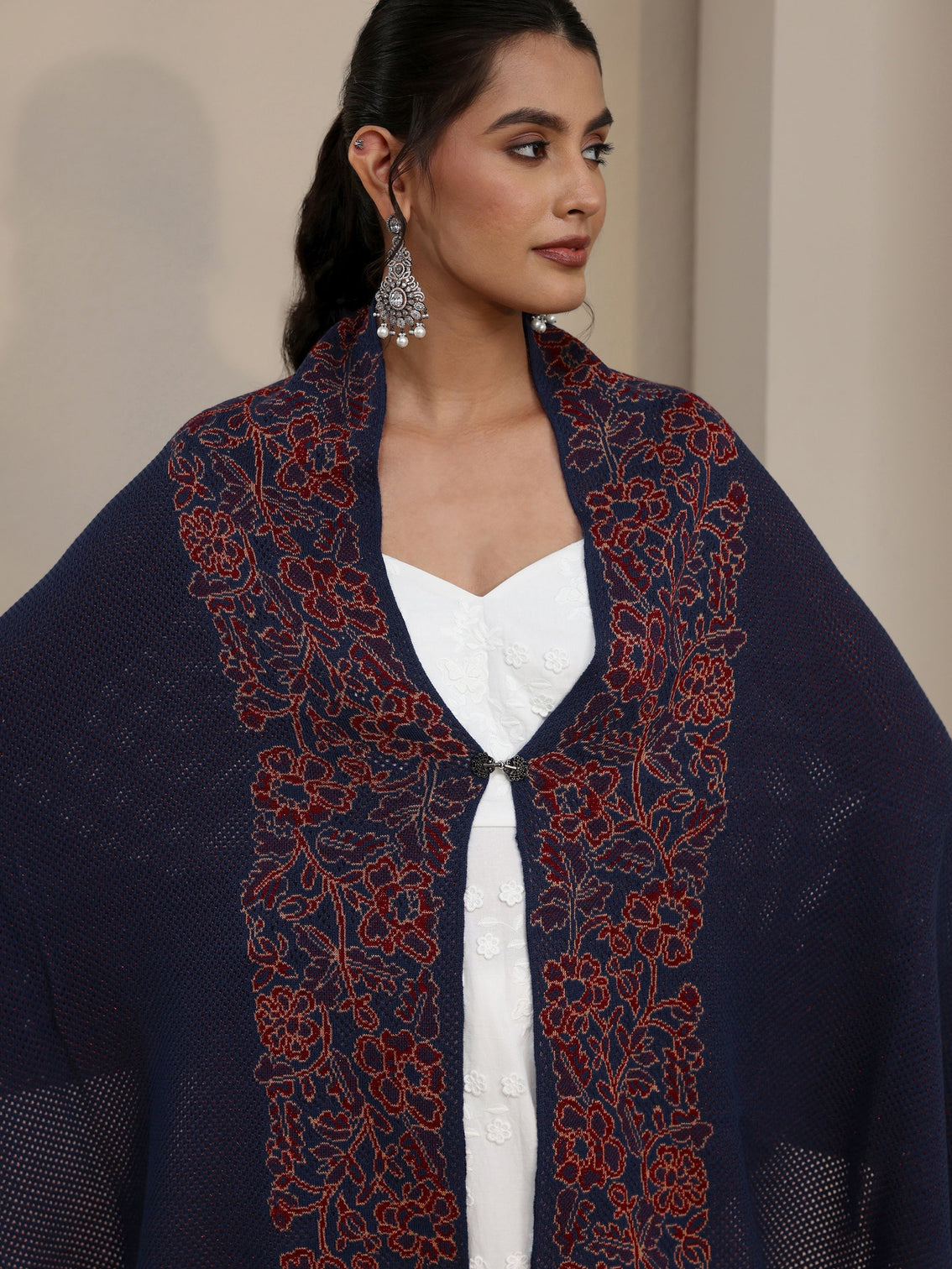 Mameraa Navy Blue Floral Mesh Knitted Acrylic Wrap Shawl