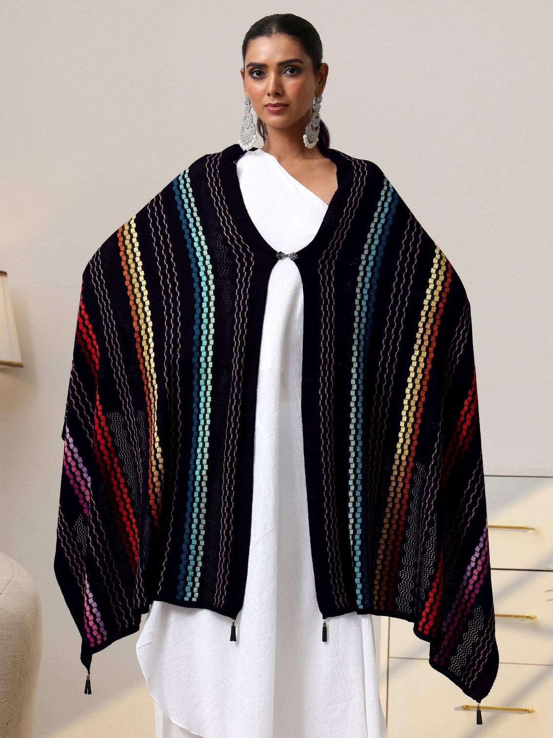 Mameraa Black Striped Knitted Acrylic Wrap Shawl