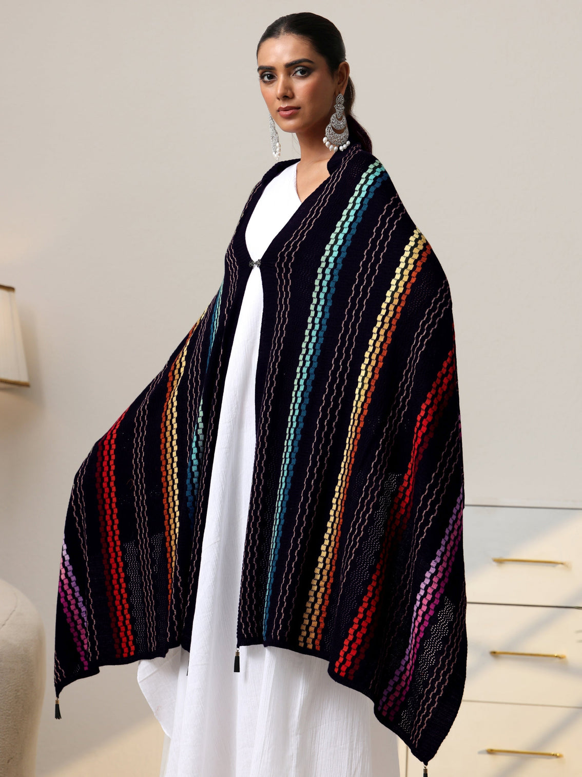 Mameraa Black Striped Knitted Acrylic Wrap Shawl