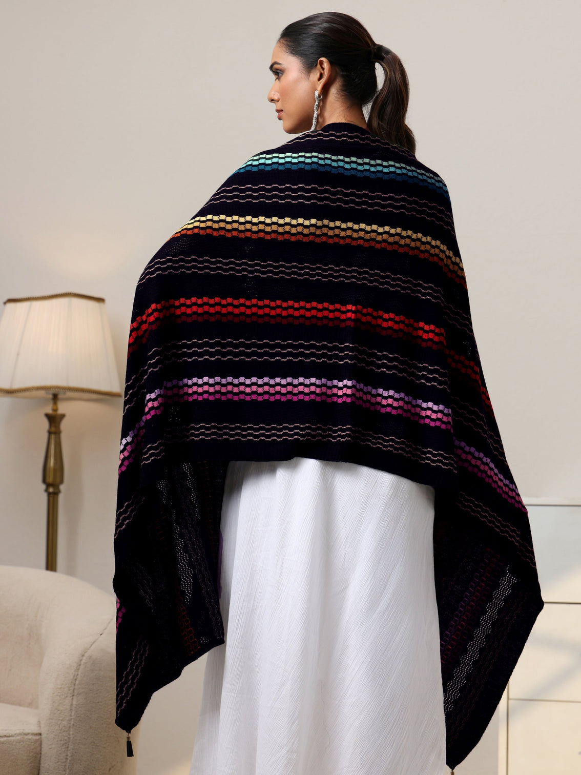 Mameraa Black Striped Knitted Acrylic Wrap Shawl
