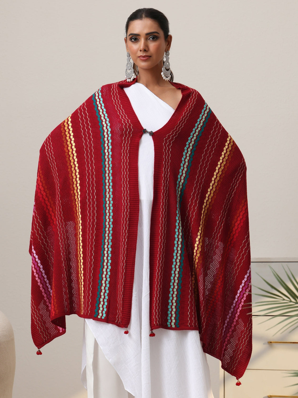 Mameraa Crimson Red Striped Knitted Acrylic Wrap Shawl