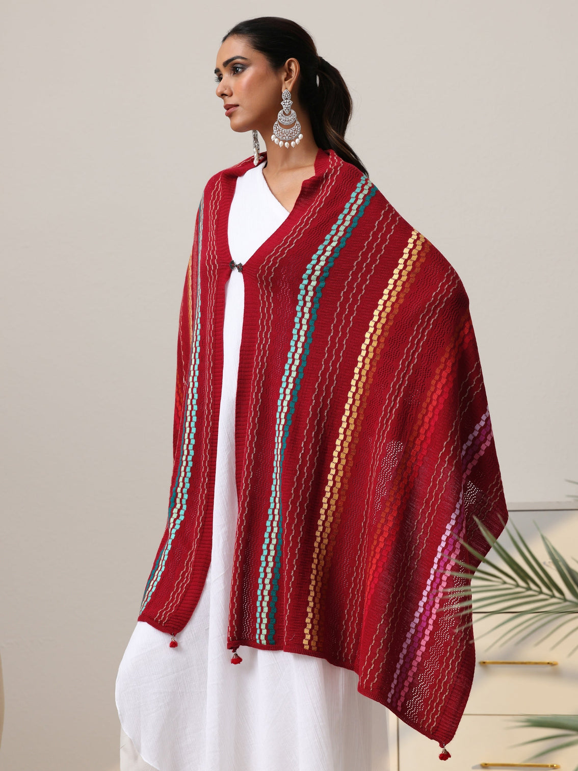 Mameraa Crimson Red Striped Knitted Acrylic Wrap Shawl