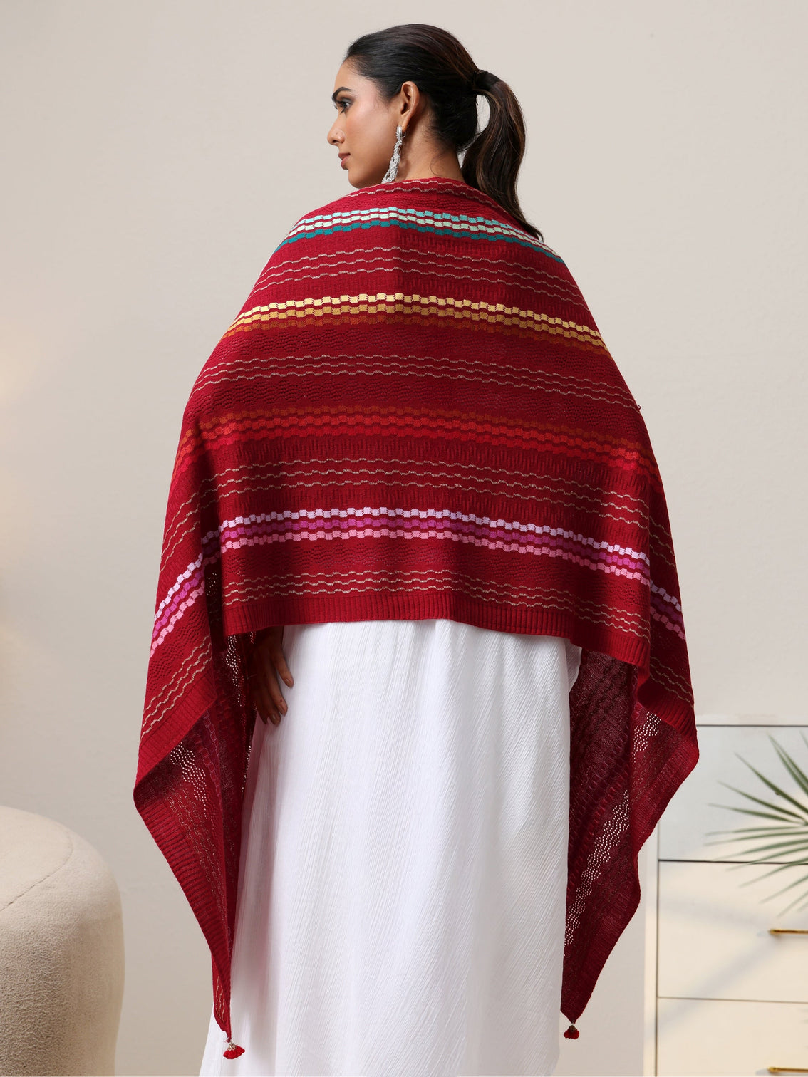 Mameraa Crimson Red Striped Knitted Acrylic Wrap Shawl
