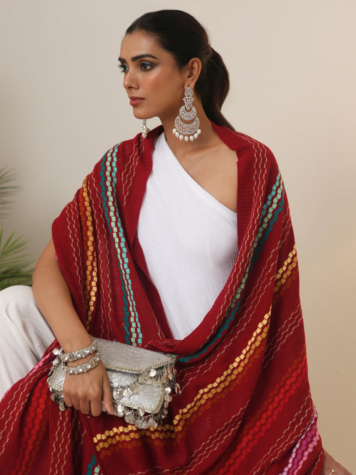 Mameraa Crimson Red Striped Knitted Acrylic Wrap Shawl