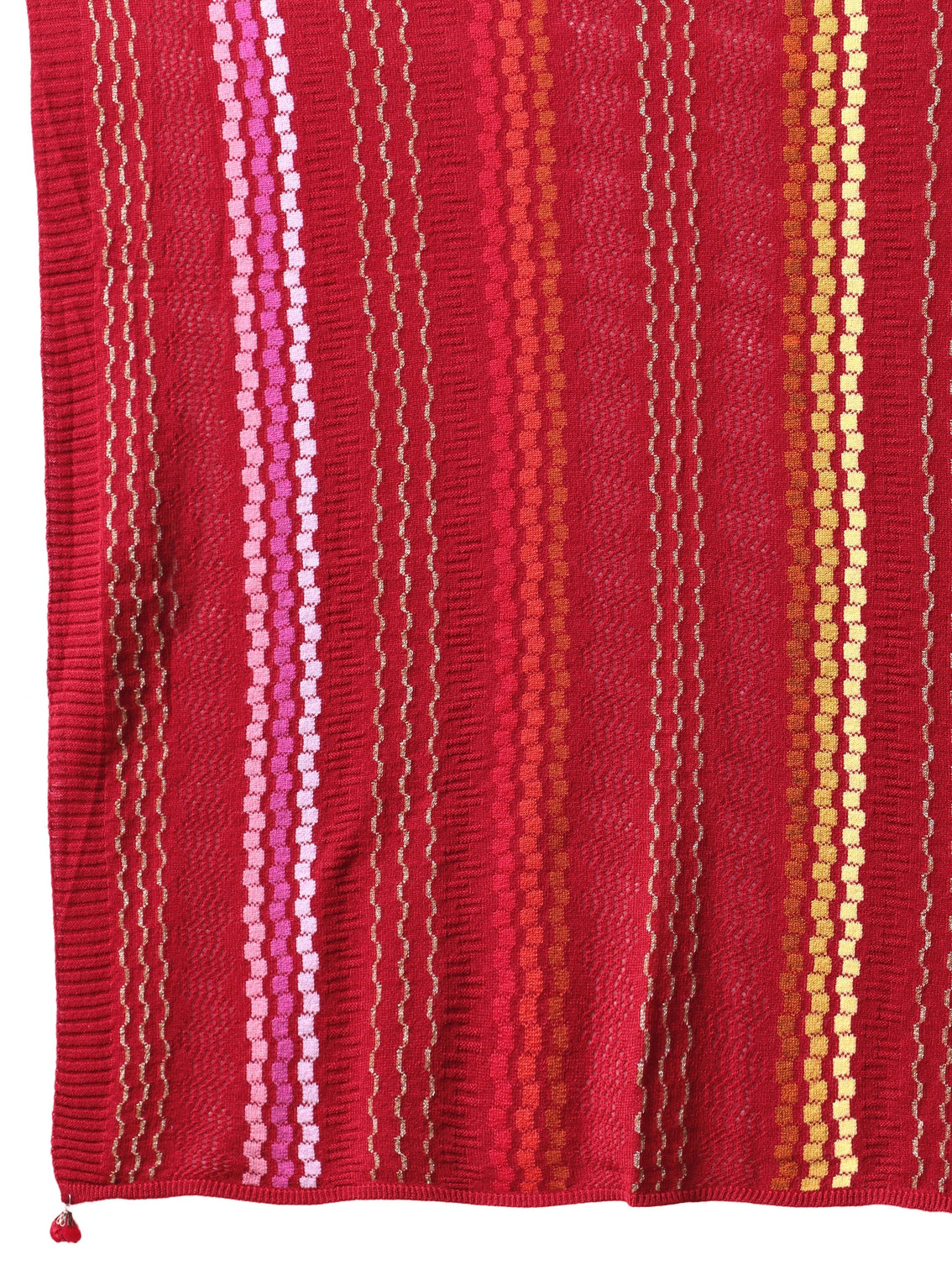 Mameraa Crimson Red Striped Knitted Acrylic Wrap Shawl