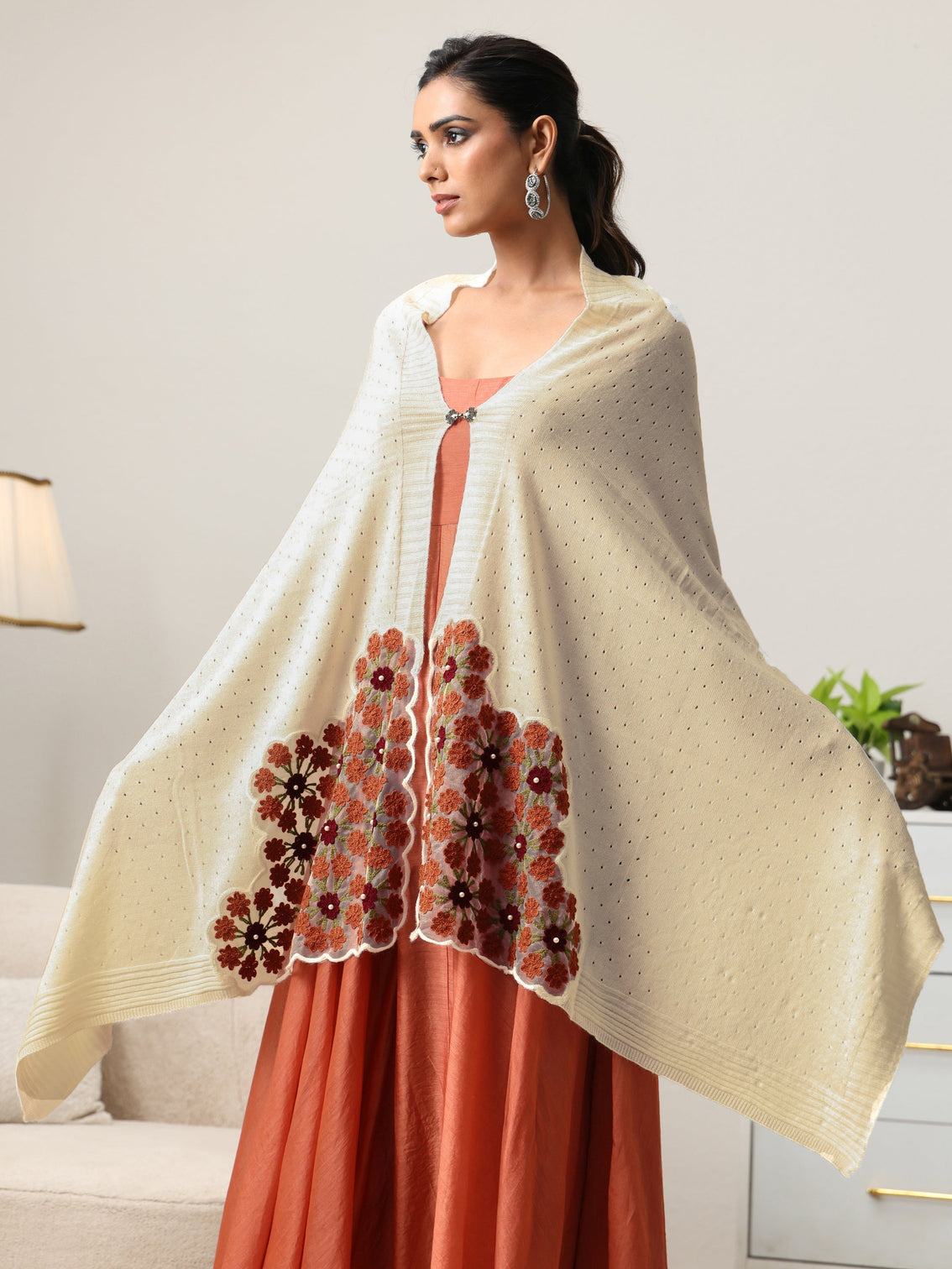 Mameraa Off White Floral Knitted Acrylic Wrap Shawl