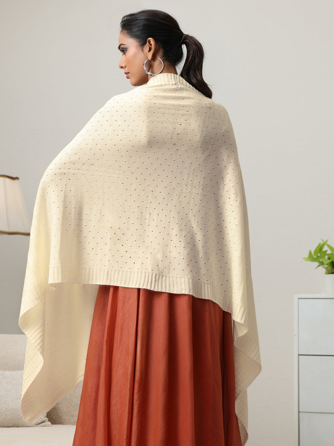 Mameraa Off White Floral Knitted Acrylic Wrap Shawl