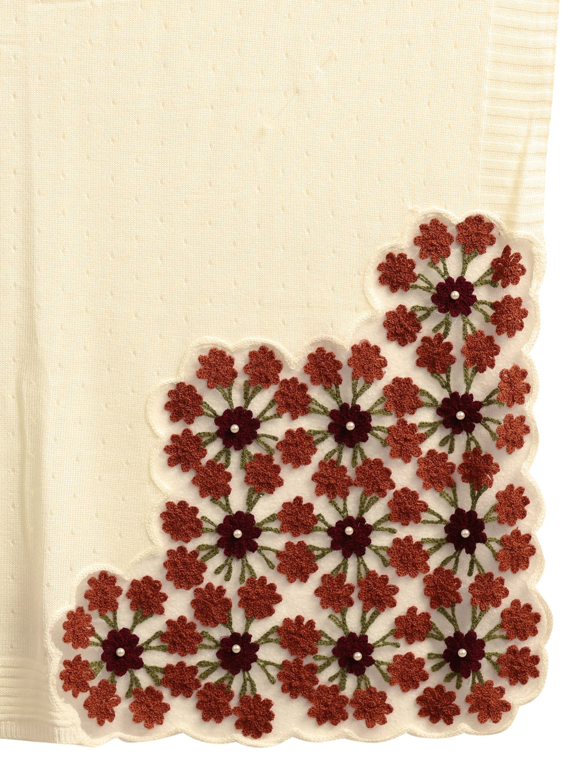Mameraa Off White Floral Knitted Acrylic Wrap Shawl