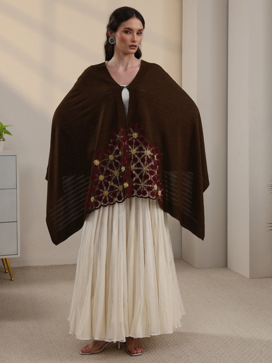 Mameraa Chocolate Brown Floral Embroidered Acrylic Wrap Shawl