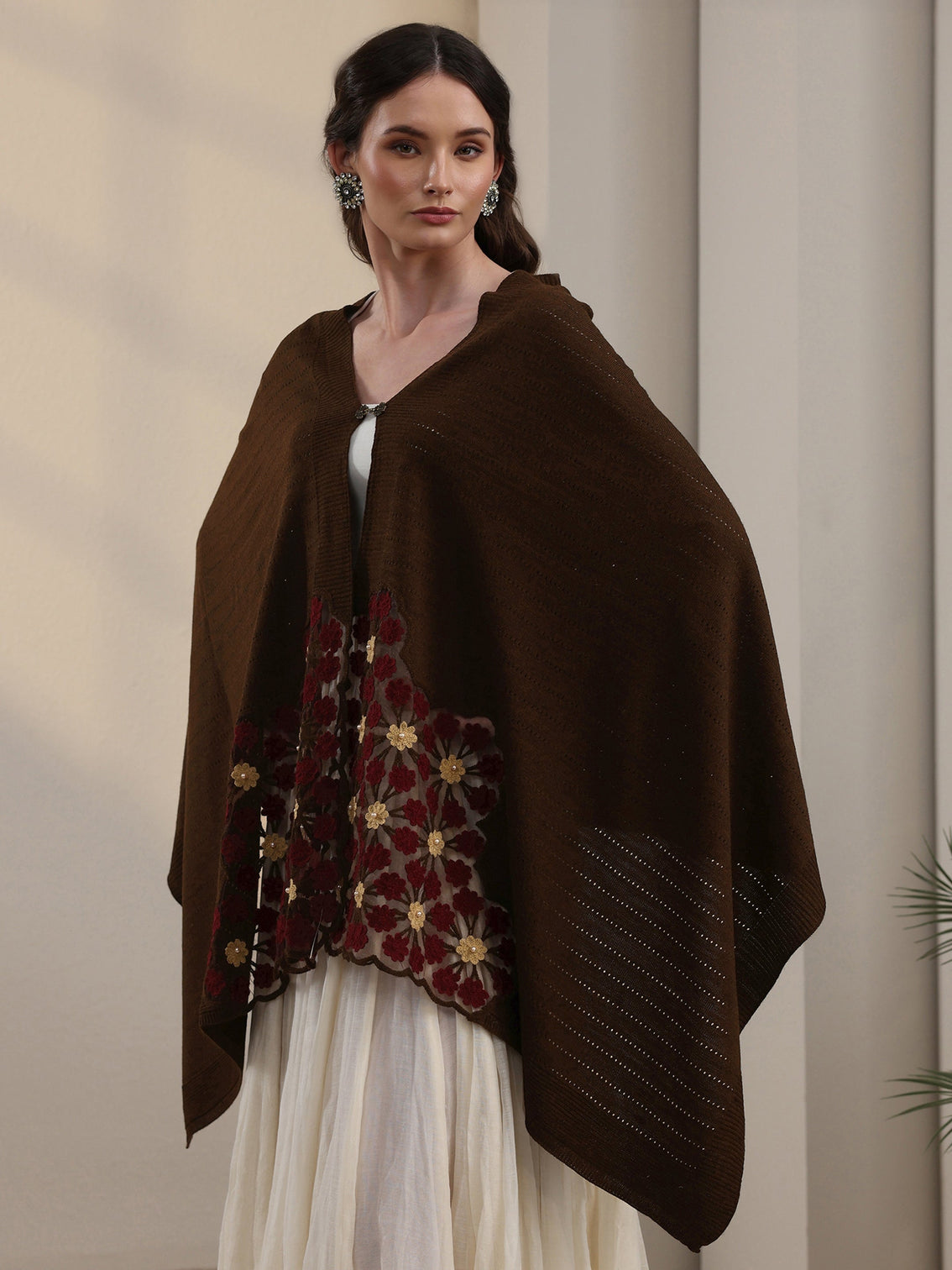 Mameraa Chocolate Brown Floral Embroidered Acrylic Wrap Shawl