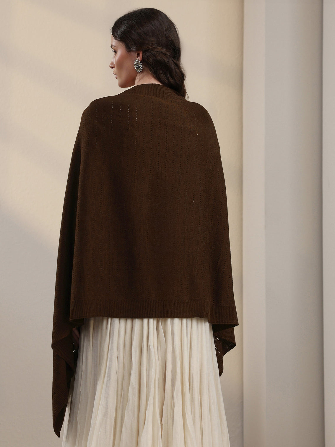 Mameraa Chocolate Brown Floral Embroidered Acrylic Wrap Shawl