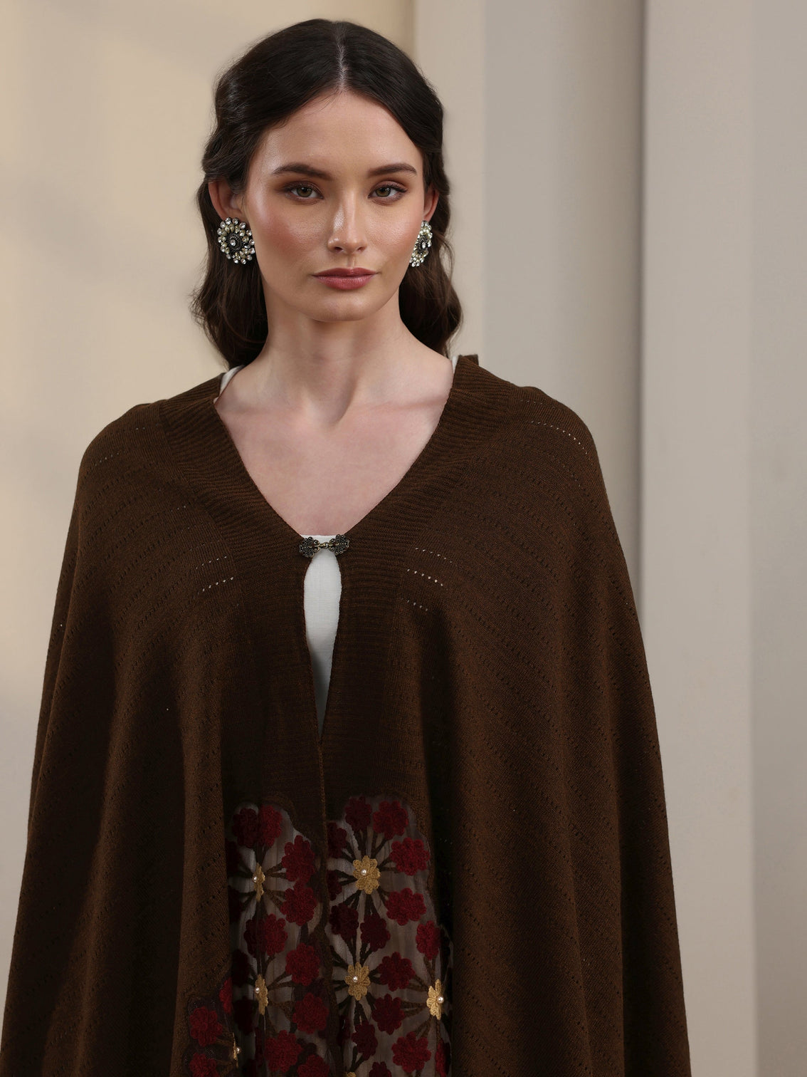 Mameraa Chocolate Brown Floral Embroidered Acrylic Wrap Shawl