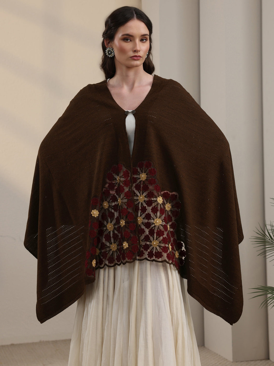 Mameraa Chocolate Brown Floral Embroidered Acrylic Wrap Shawl