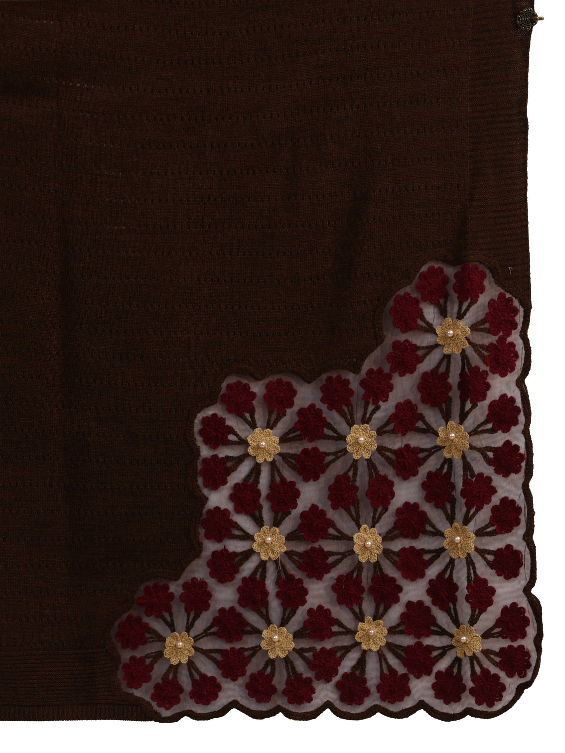 Mameraa Chocolate Brown Floral Embroidered Acrylic Wrap Shawl