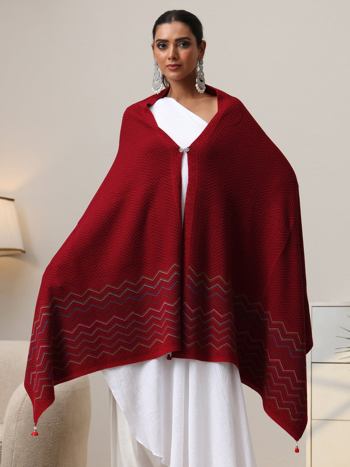 Mameraa Maroon Chevron Knitted Acrylic Wrap Shawl