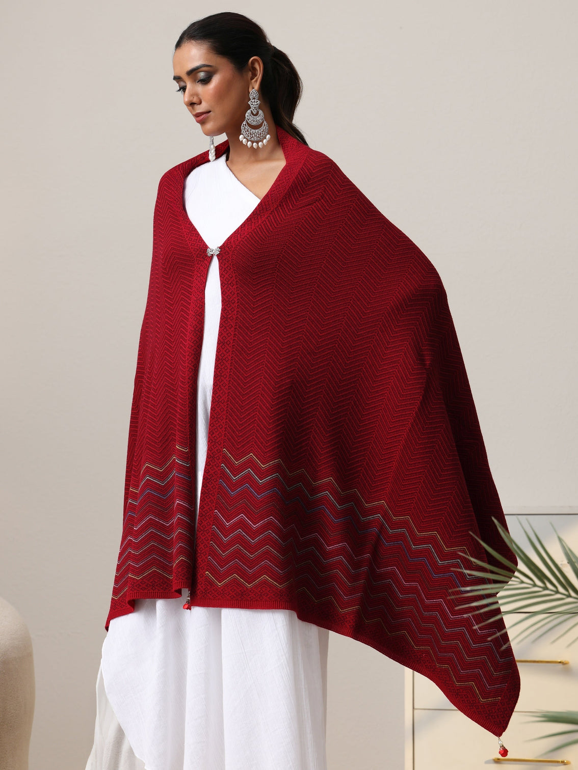 Mameraa Maroon Chevron Knitted Acrylic Wrap Shawl