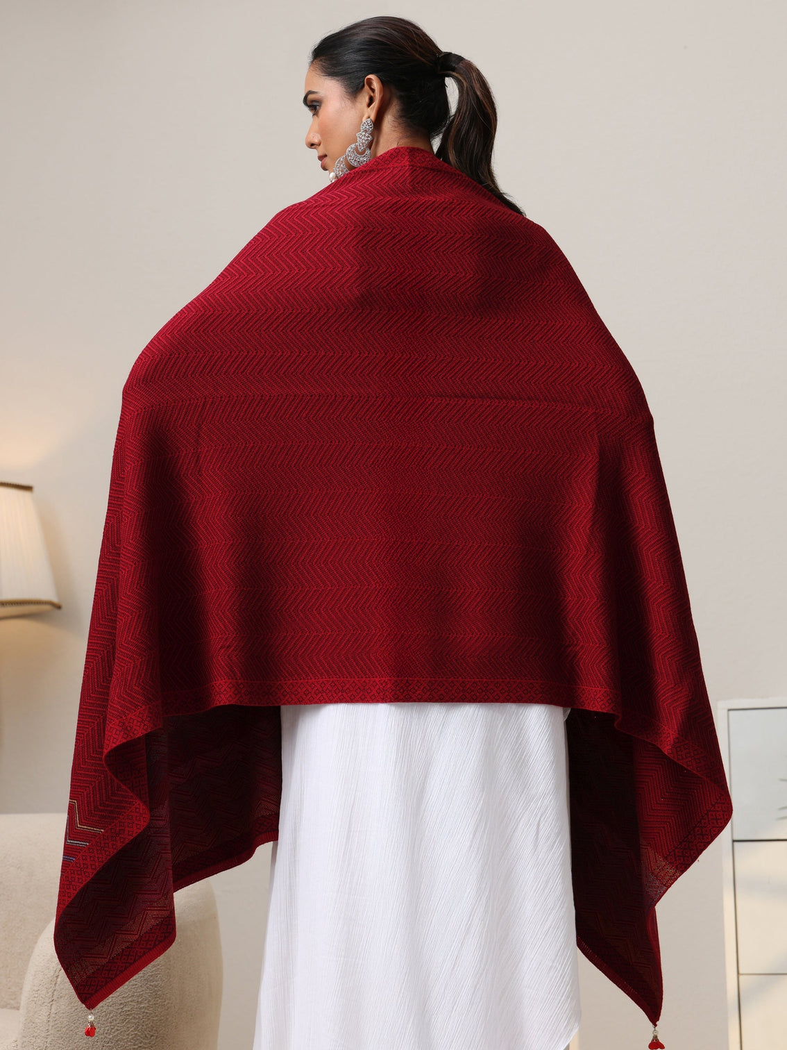 Mameraa Maroon Chevron Knitted Acrylic Wrap Shawl
