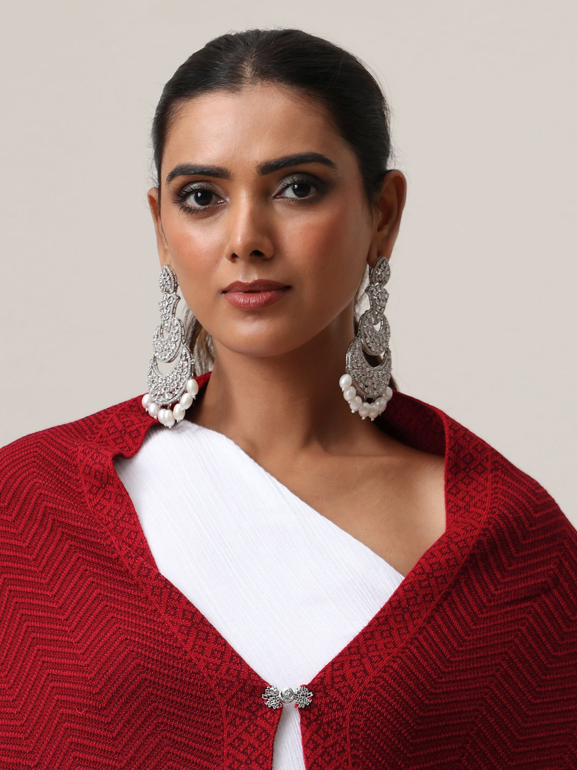 Mameraa Maroon Chevron Knitted Acrylic Wrap Shawl