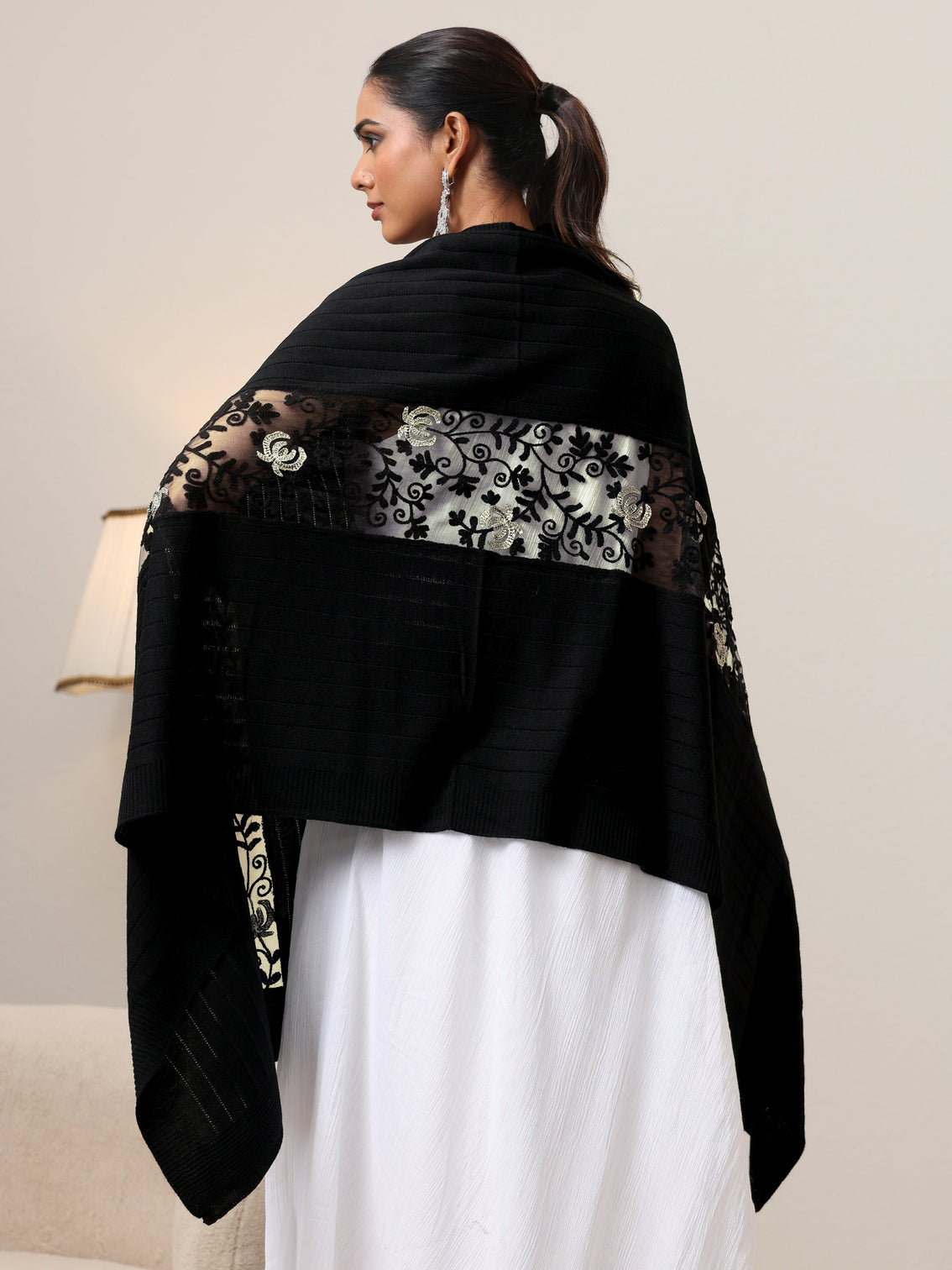Mameraa Black Floral Knitted Lace Acrylic Wrap Shawl