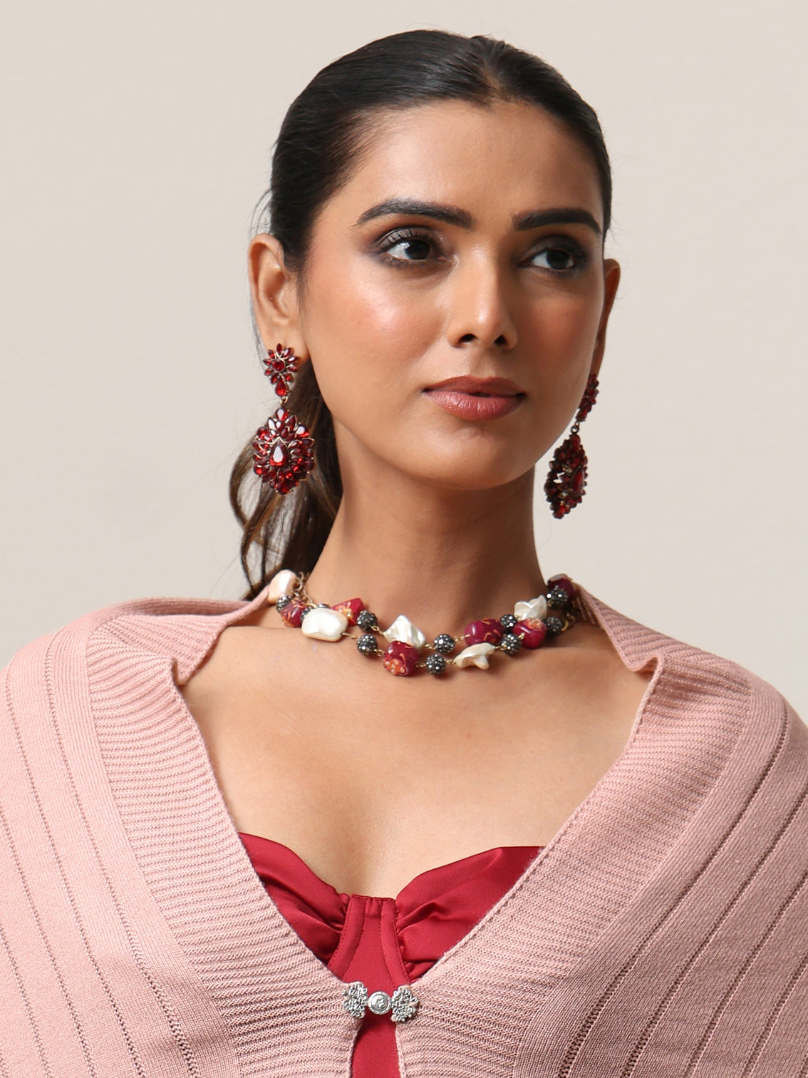 Mameraa Pink Floral Knitted Lace Acrylic Wrap Shawl