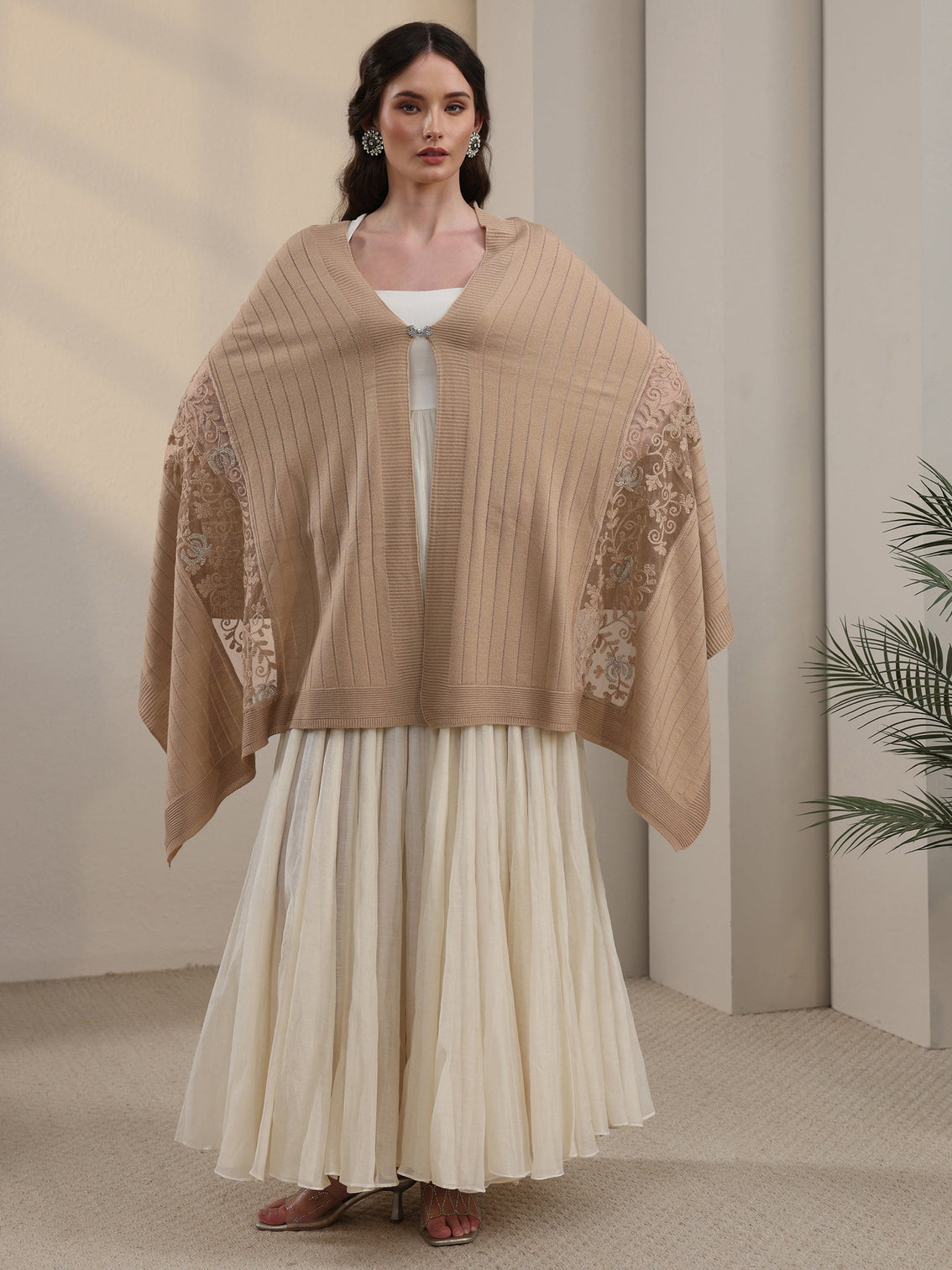 Mameraa Beige Floral Lace Embroidered Acrylic Wrap Shawl