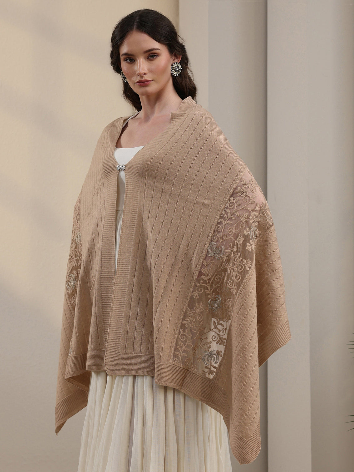 Mameraa Beige Floral Lace Embroidered Acrylic Wrap Shawl