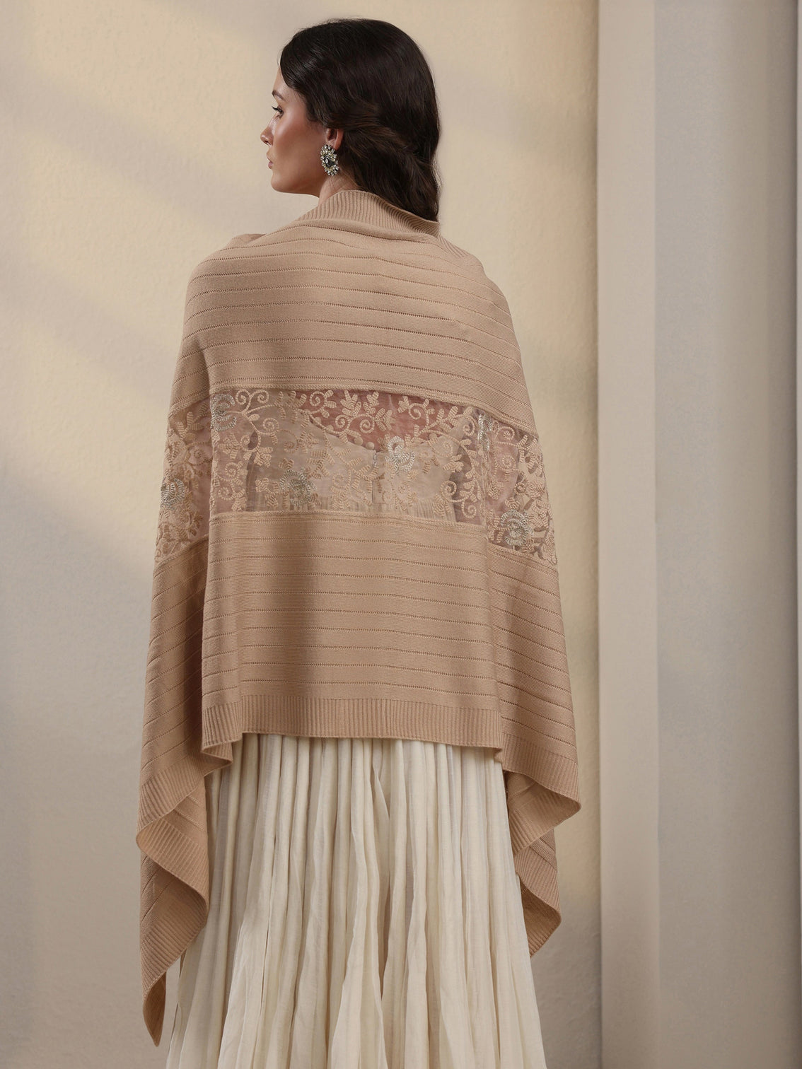 Mameraa Beige Floral Lace Embroidered Acrylic Wrap Shawl
