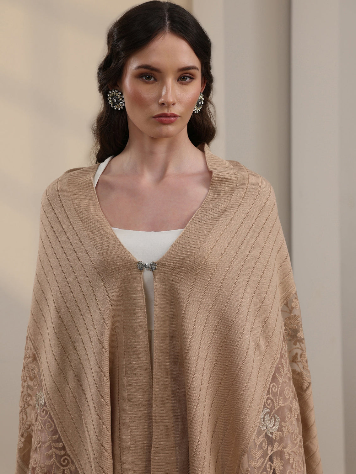 Mameraa Beige Floral Lace Embroidered Acrylic Wrap Shawl