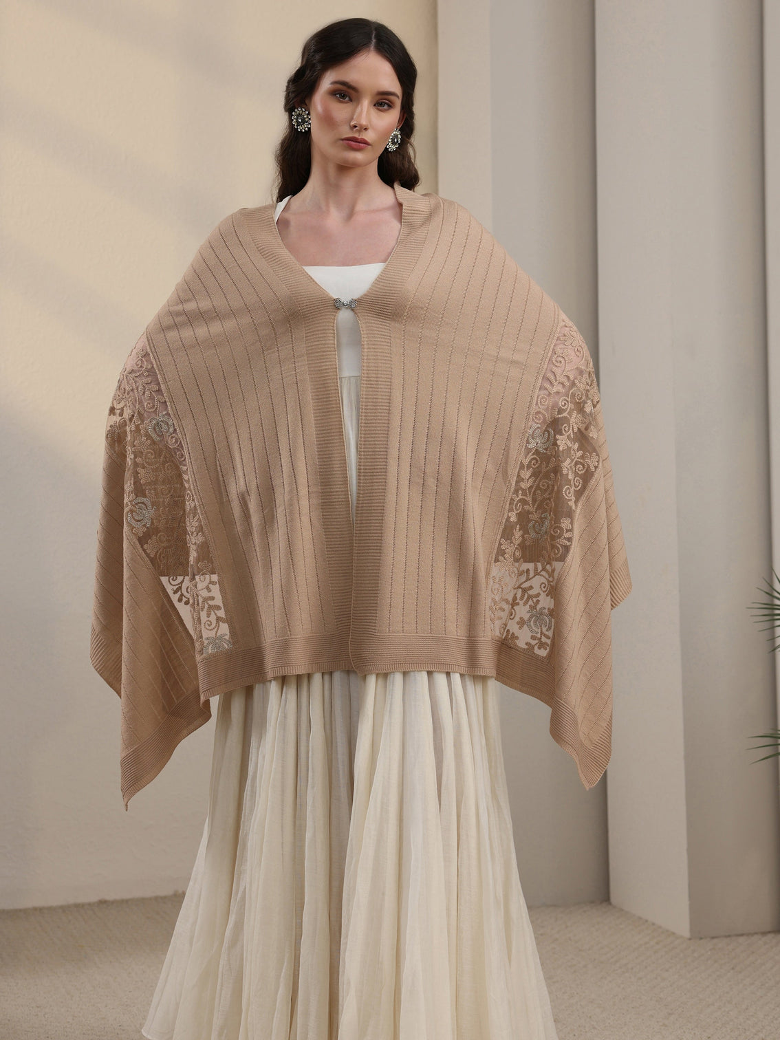 Mameraa Beige Floral Lace Embroidered Acrylic Wrap Shawl