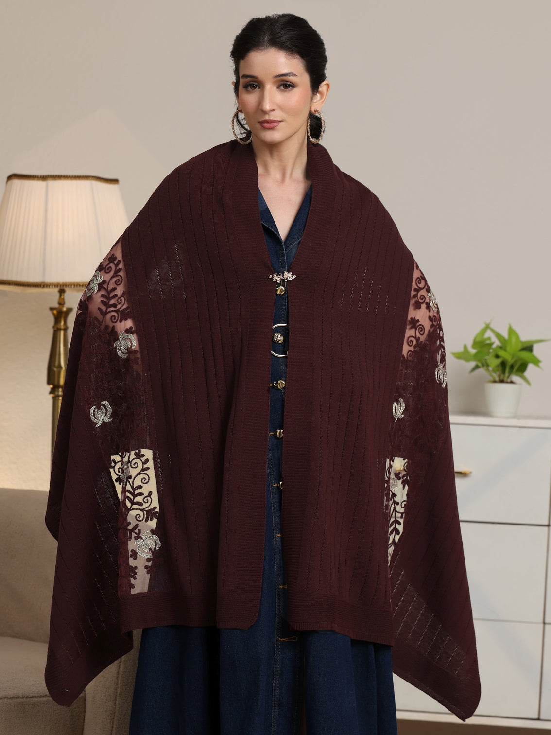 Mameraa Burgundy Floral Knitted Acrylic Wrap Shawl