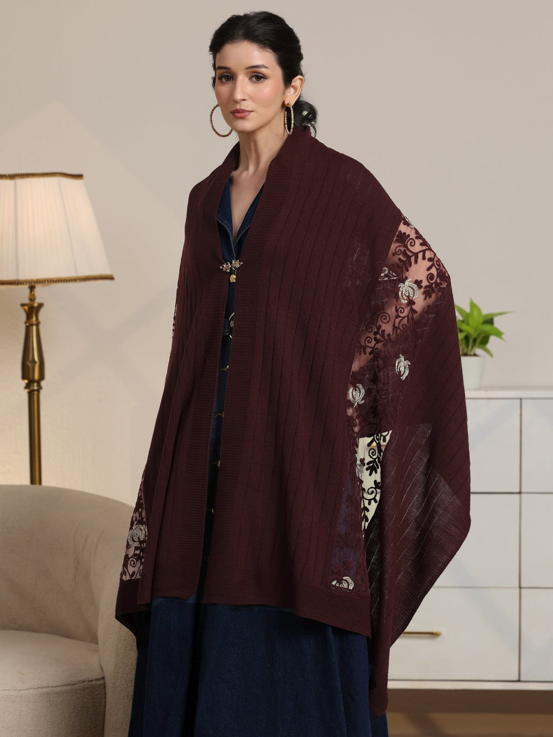 Mameraa Burgundy Floral Knitted Acrylic Wrap Shawl