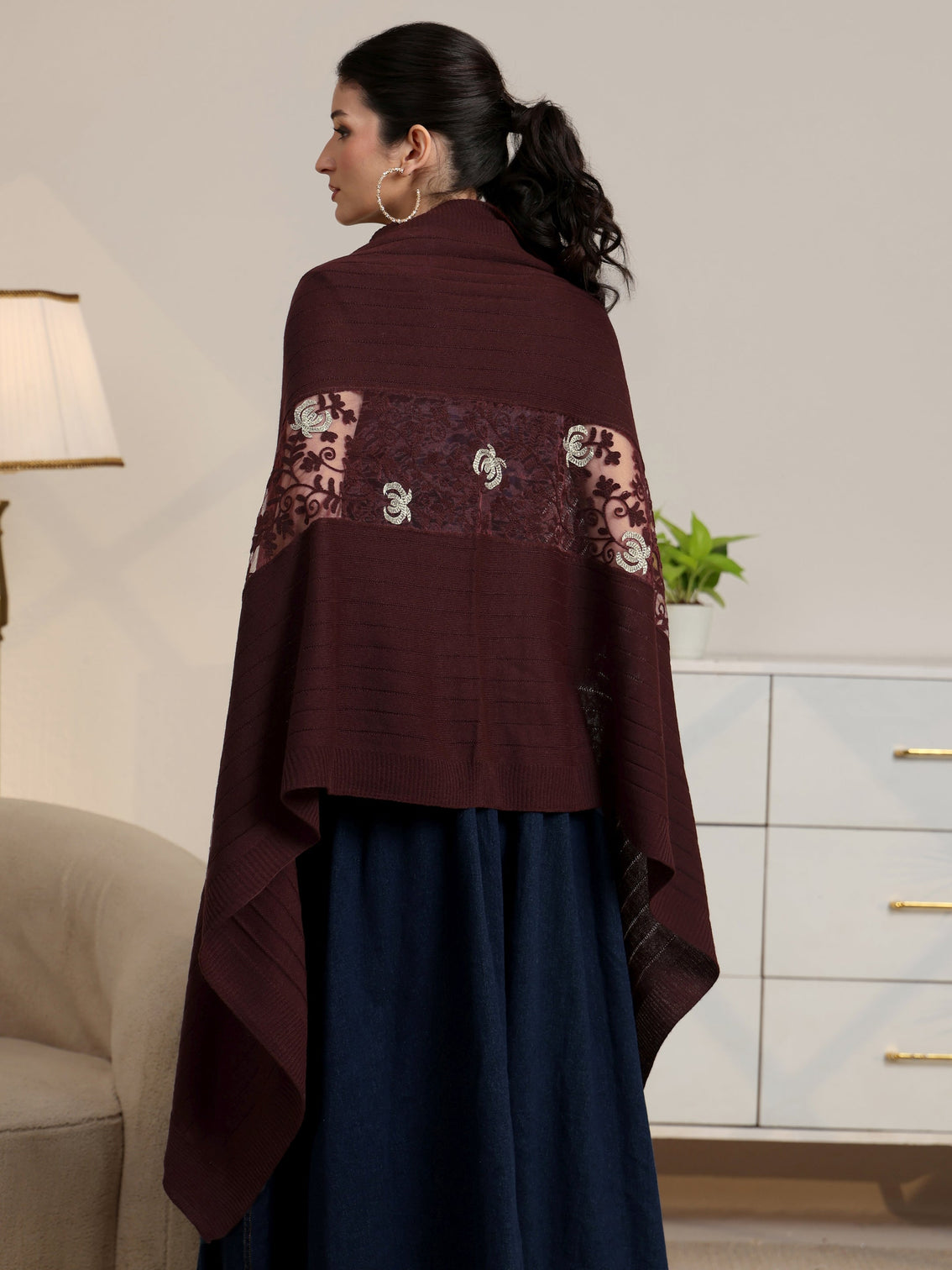 Mameraa Burgundy Floral Knitted Acrylic Wrap Shawl