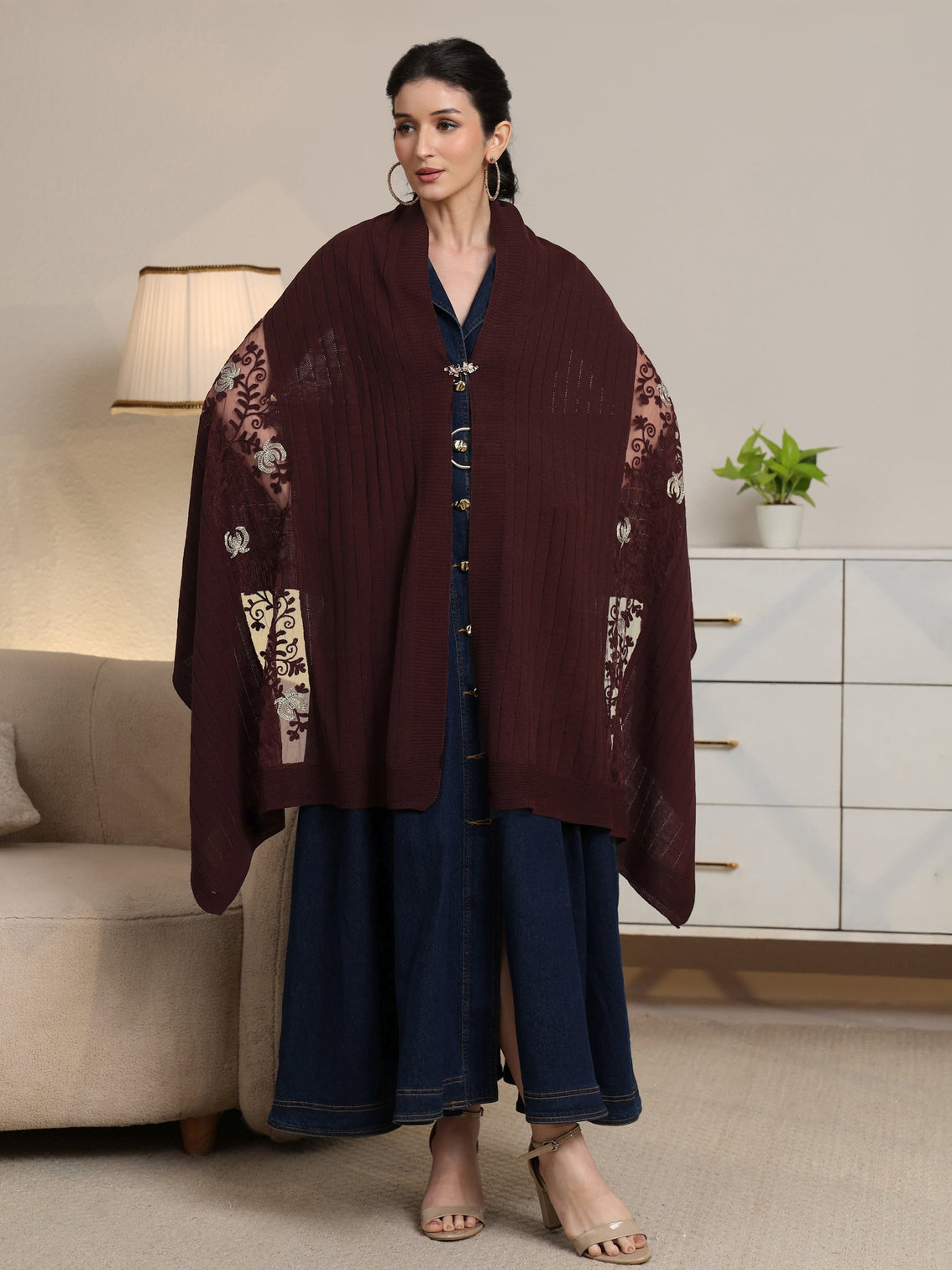 Mameraa Burgundy Floral Knitted Acrylic Wrap Shawl
