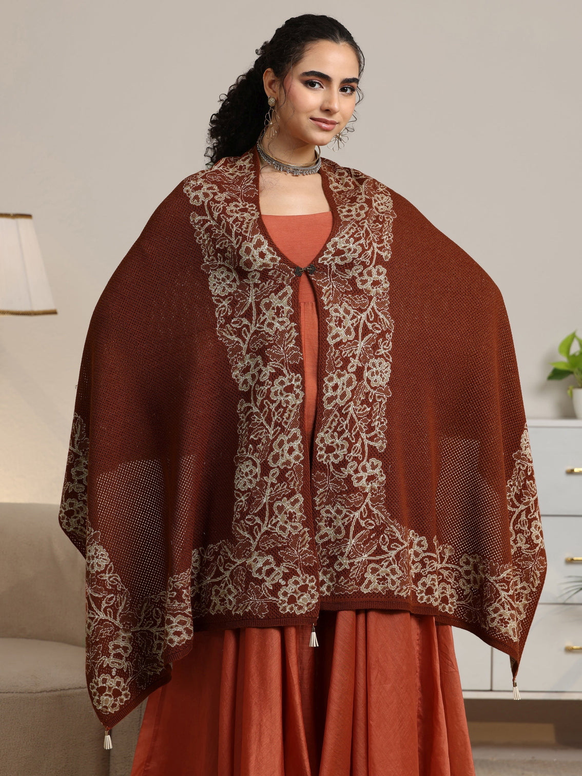 Mameraa Rust Brown Floral Knitted Acrylic Wrap Shawl