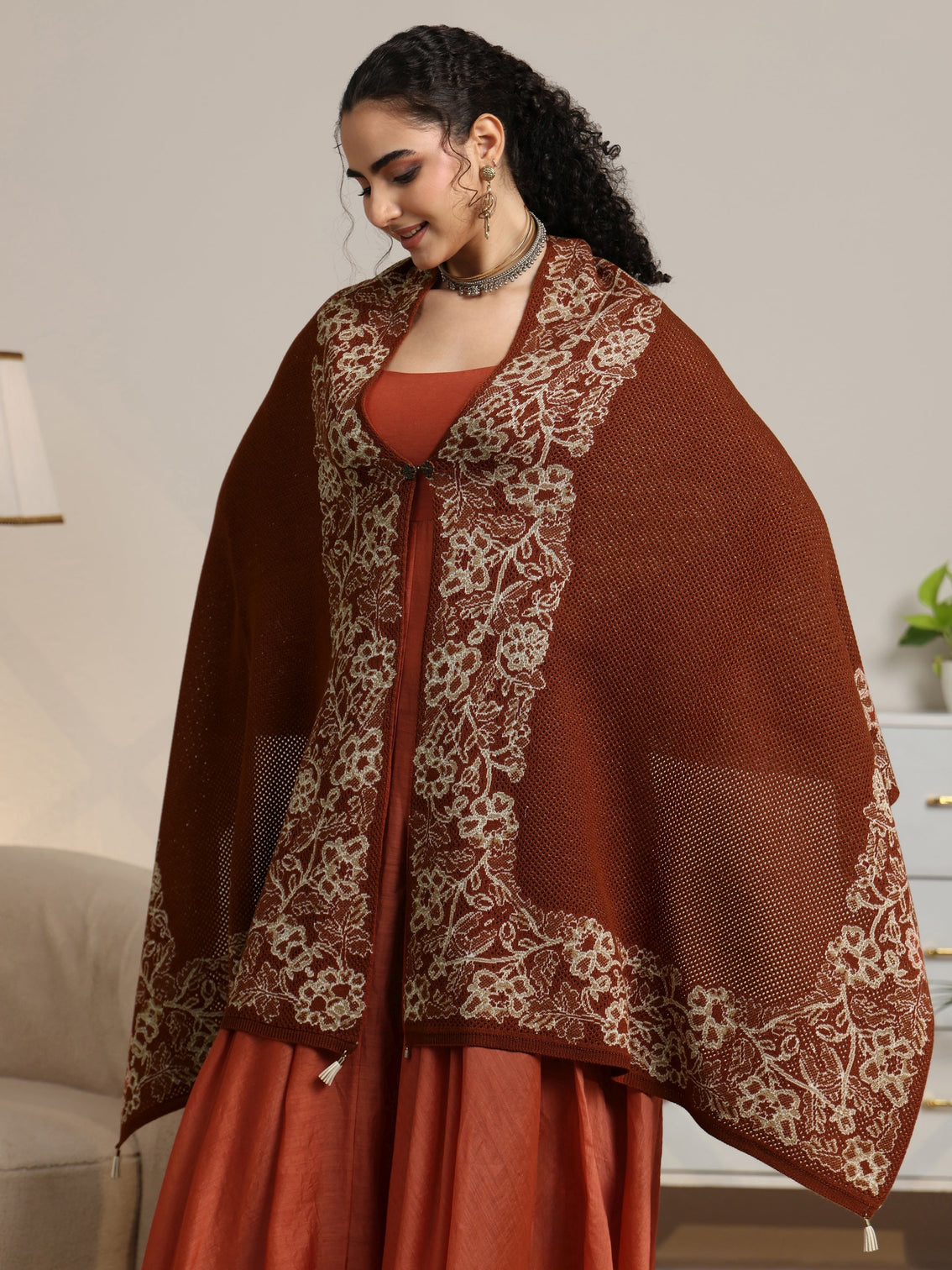 Mameraa Rust Brown Floral Knitted Acrylic Wrap Shawl