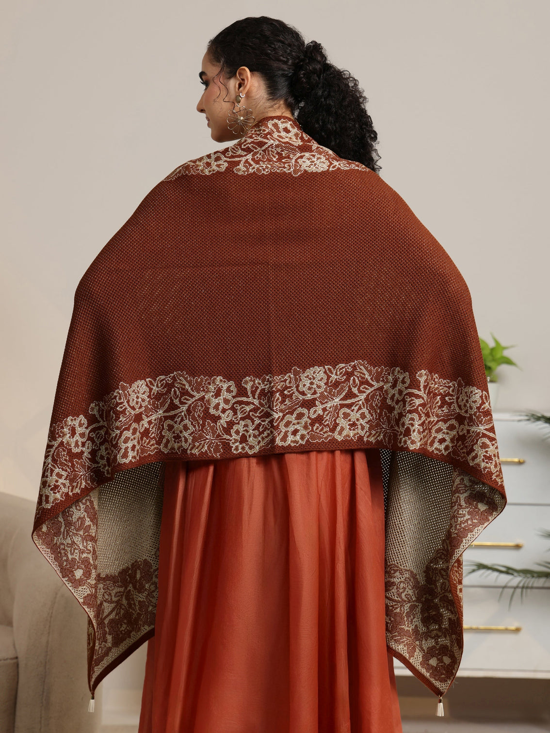 Mameraa Rust Brown Floral Knitted Acrylic Wrap Shawl