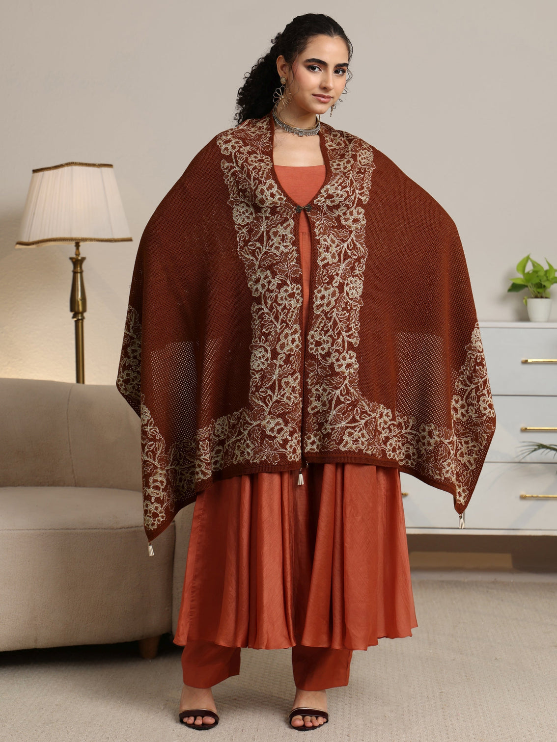 Mameraa Rust Brown Floral Knitted Acrylic Wrap Shawl