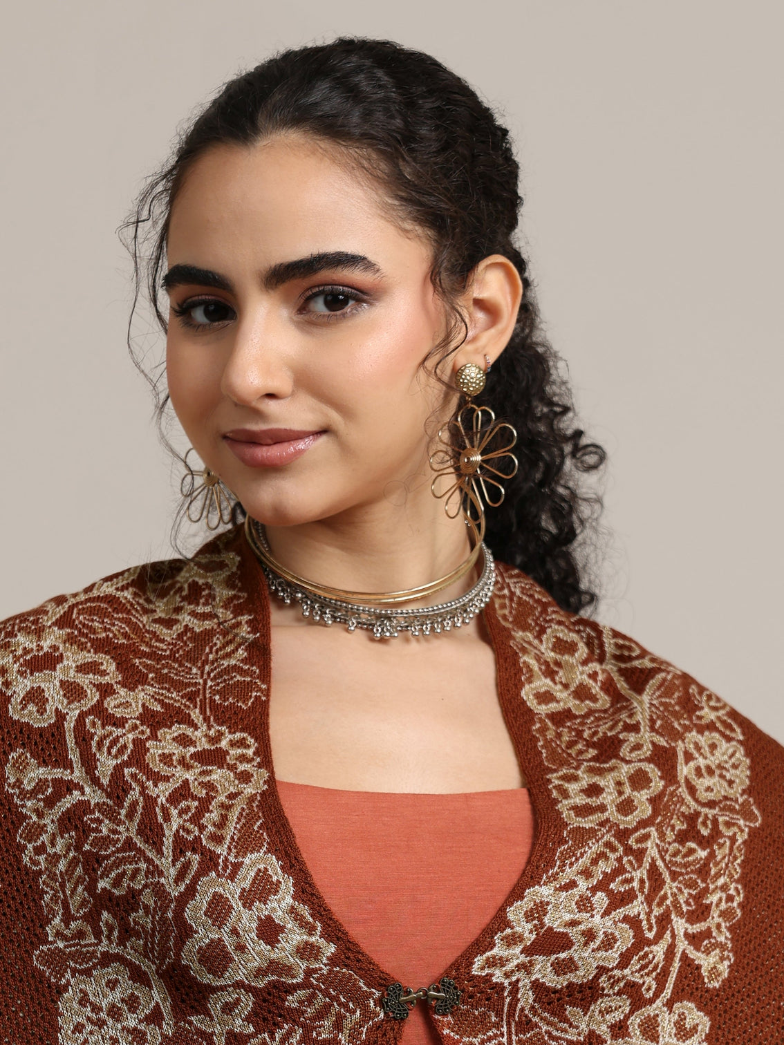 Mameraa Rust Brown Floral Knitted Acrylic Wrap Shawl
