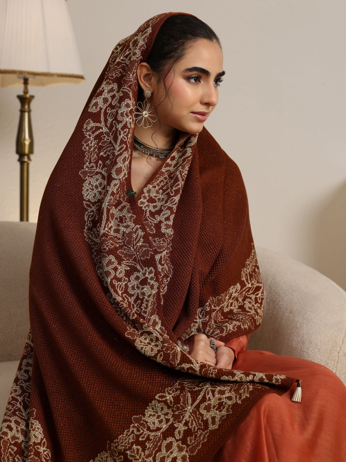 Mameraa Rust Brown Floral Knitted Acrylic Wrap Shawl
