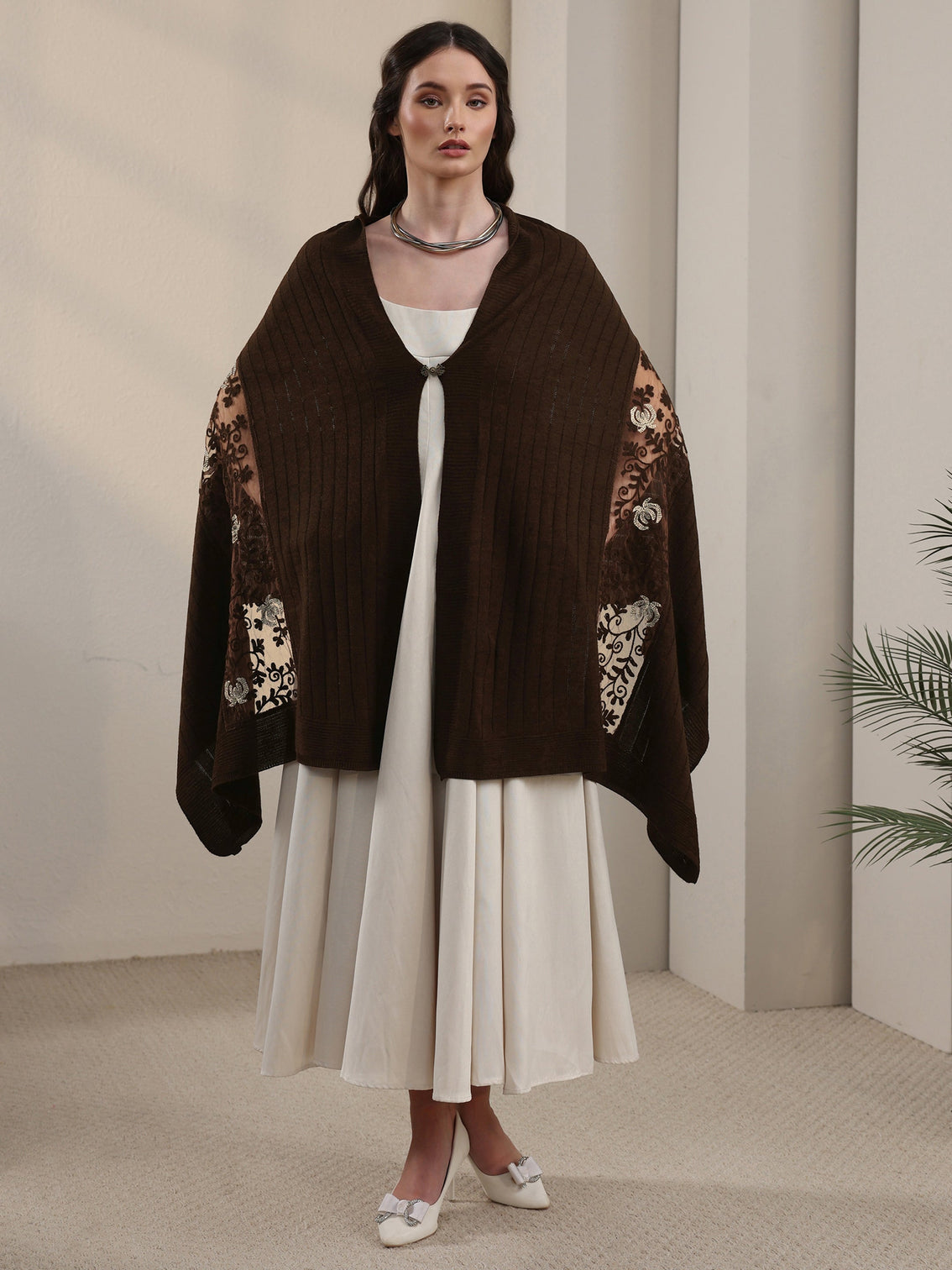 Mameraa Brown Floral Lace Embroidered Acrylic Wrap Shawl