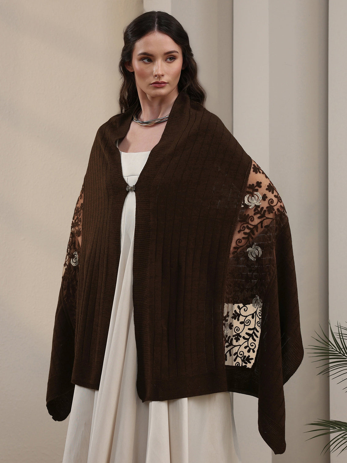 Mameraa Brown Floral Lace Embroidered Acrylic Wrap Shawl