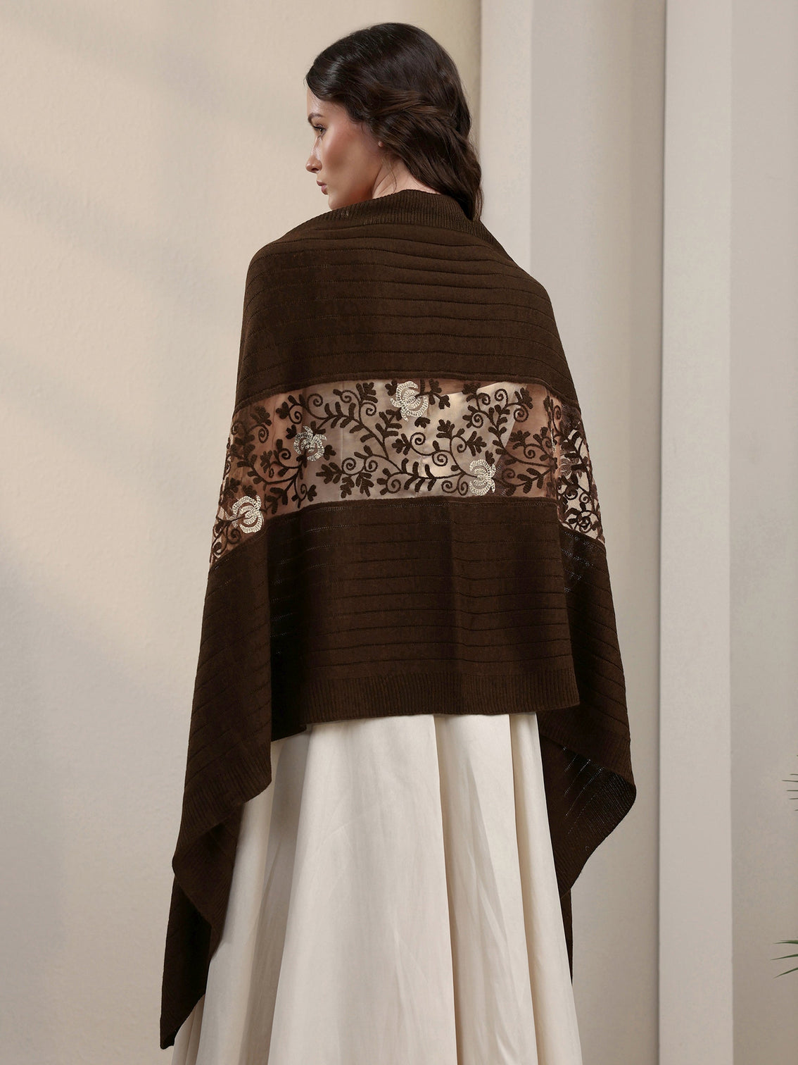 Mameraa Brown Floral Lace Embroidered Acrylic Wrap Shawl
