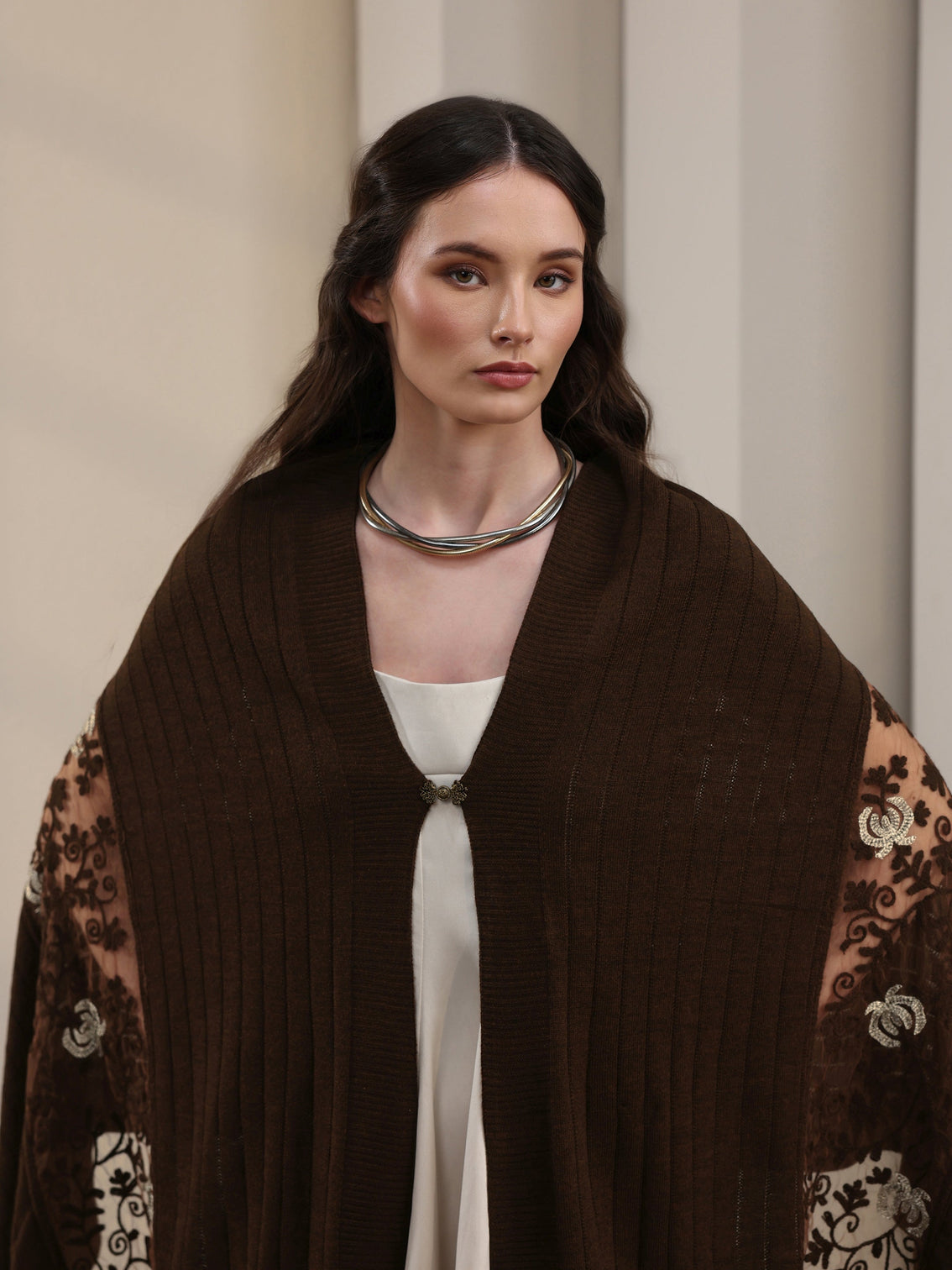 Mameraa Brown Floral Lace Embroidered Acrylic Wrap Shawl