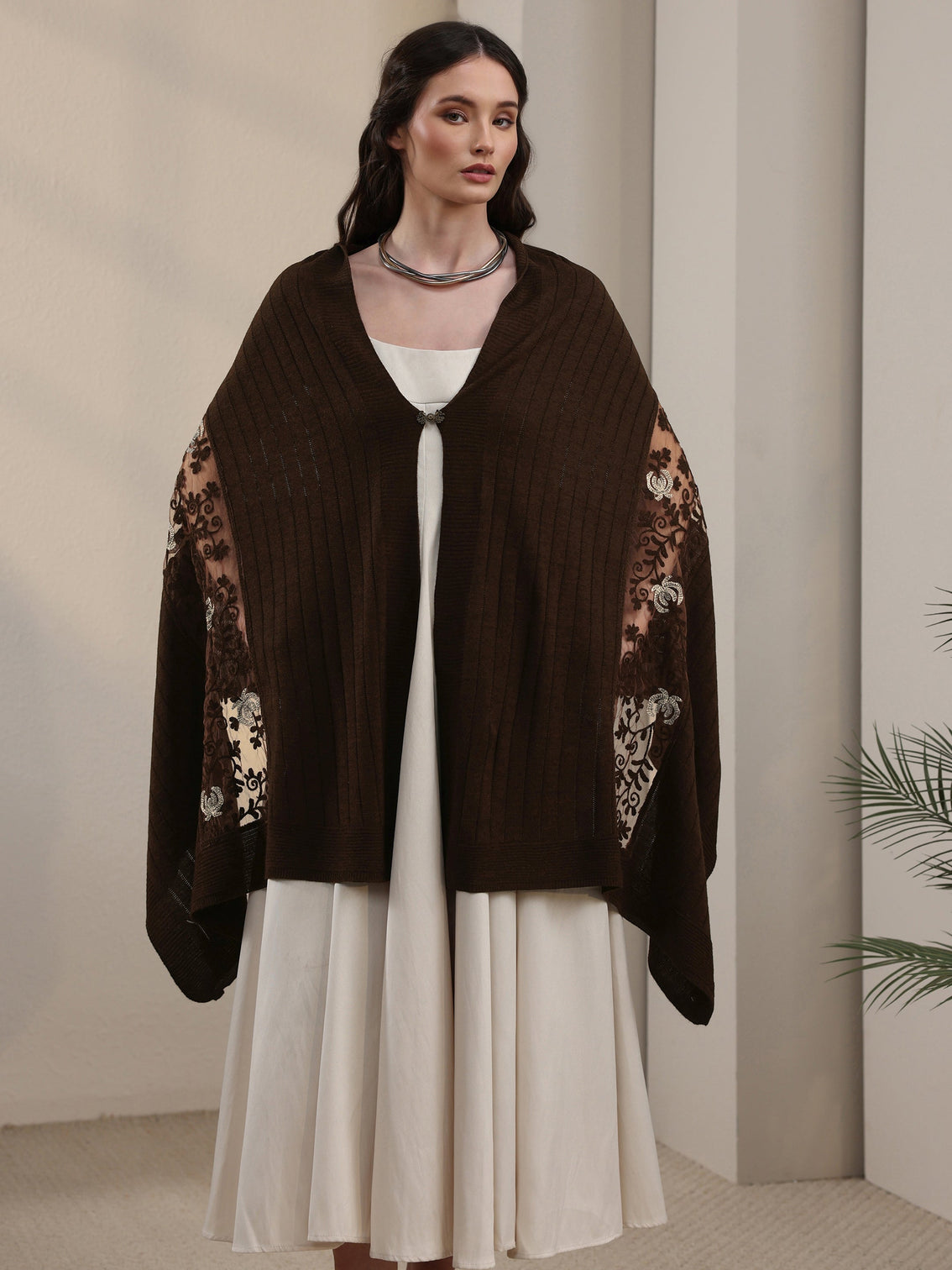 Mameraa Brown Floral Lace Embroidered Acrylic Wrap Shawl
