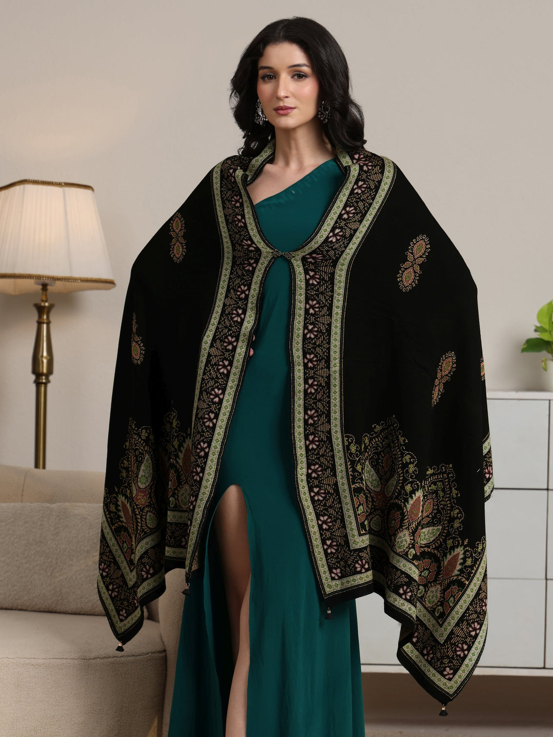 Mameraa Black Ethnic Knitted Acrylic Wrap Shawl