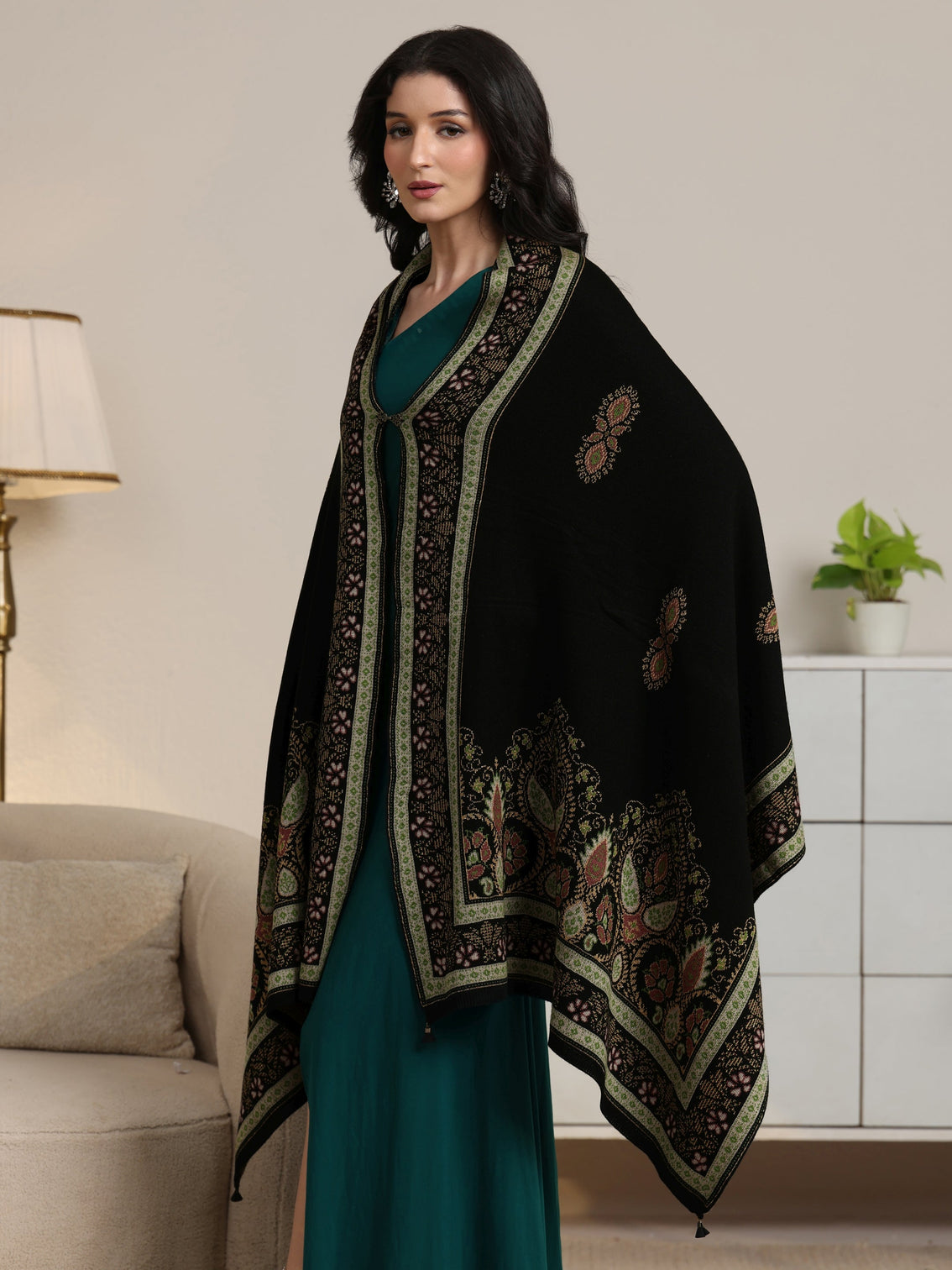 Mameraa Black Ethnic Knitted Acrylic Wrap Shawl