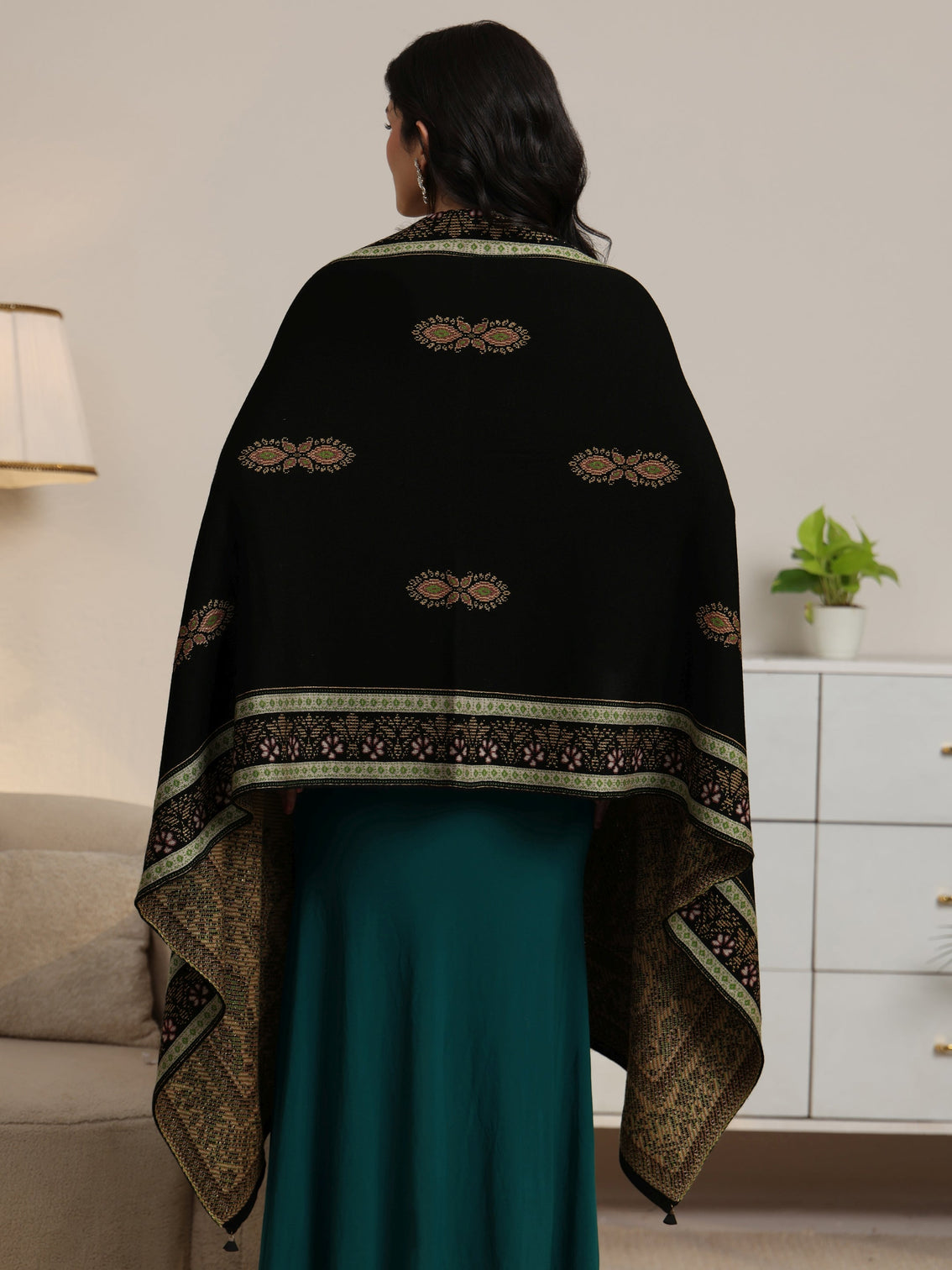 Mameraa Black Ethnic Knitted Acrylic Wrap Shawl